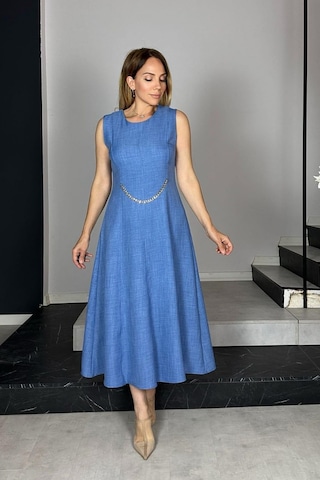 G1385 Zincir Detaylı Kolsuz Keten Elbise İndigo Indigo