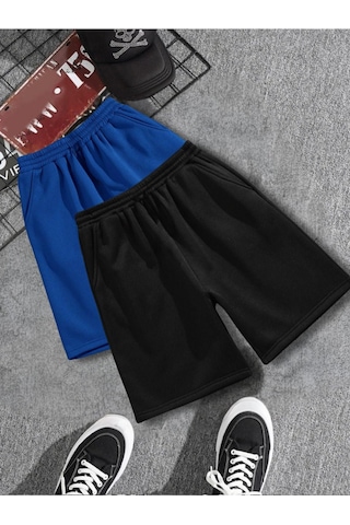 2'li Düz Renk Penye Şort - Saks Mavi Siyah Baskısız Kısa Kordonsuz Saks Mavi Siyah