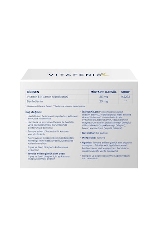 Vitafenix Vitamin B1 25mg Tiamin Ve Benfotiamin 60 Bitkisel Kapsül