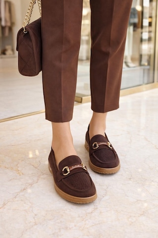 Modaonn Kadın Süet Tokalı Loafer Kahverengi