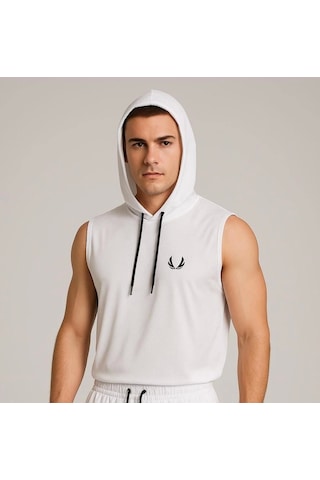 Erkek Lette Kapüşonlu Armalı Esnek Kolsuz Beyaz T-shirt Beyaz