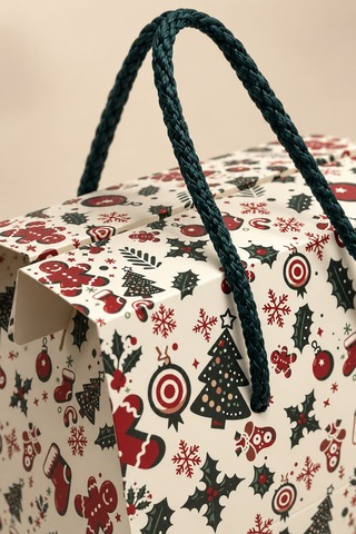 Yılbaşı Temalı İpli Karton Hediye Çantası, 1 Adet-20x14x25 Cm Yeniyıl Çam Ve Kurabiye Desenli Poşet