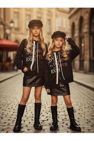 Kız Çocuk Asimetrik Kesim Fermuar Detaylı Oversize Tasarım Sweatshirt-16293 Siyah