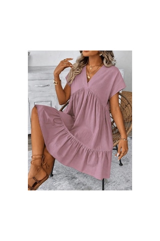 Butik İstanbul Kadın Kısa Kollu V Yakalı Fırfırlı Kısa Elbise Pembe