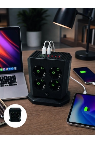 8'li Dikey Çoklu Priz 4 Usb 2 Typec Girişli Akım Korumalı Uzatma Prizi 0 - 2 M