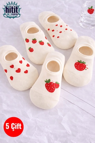 Hitit Socks Kadın5 Çift Çilek Ve Kalp Desenli Yüksek Pamuklu ... Çok Renkli