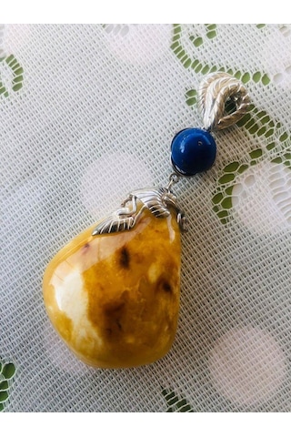 Doğal Kaya Damla Kehribar Lapis Lazuli Taşlı Kolye Ucu 28,8 Gram