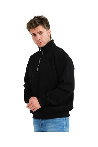 Justever Regular Fit Dik Yaka Yarı Fermuarlı Şardonlu Siyah Erkek Sweatshirt - Prime Siyah