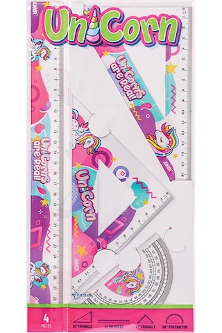 Unicorn Cetvel Takımı 30 Cm 1 Paket Cetvel Gönye İletki Şeffaf Çizim Takımı Pergelli Çizim Seti 4 Parça Kız Çocuk Çok Renkli