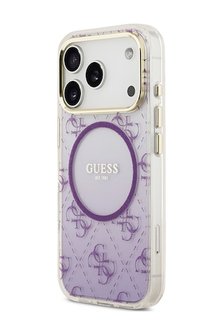 Apple Uyumlu iPhone 17 Pro Kılıf Guess Lisanslı M-safe Şarj Özellikli 4g Desenli Simli Silikon Kapak Mor Mor