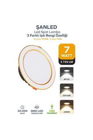 7w 3 Renkli Beyaz,gün Işığı,ikisi Bir Arada Beyaz Gold Led Spot Lamba -1 Adettir Beyaz Gold