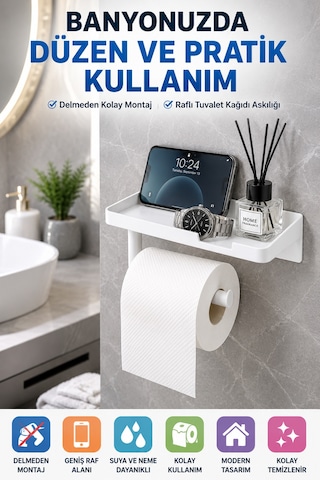 Beyaz Yapışkanlı Raflı Tuvalet Kağıdı Askılığı Delmeden Montaj Banyo Organizer Telefon Rafı Askısı