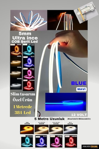 Ultra Ince 5mm. Kalınlık Cob Şerit Led Mavi Neon Gibi Yanar.