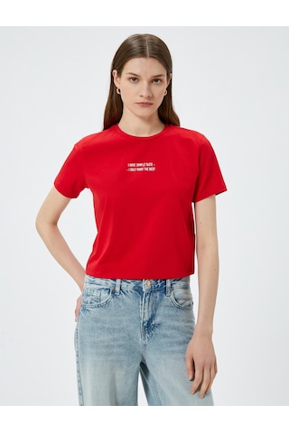 Koton Crop Tişört Slogan Baskılı Bisiklet Yaka Kısa Kollu Pamuklu Kırmızı 4sak50644ek Kırmızı