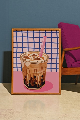 Latte Bardağı Tasarımlı Kahve Köşesi Dekoratif Poster Tablo Ahşap Çerçeveli