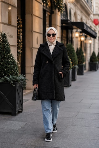 Hb Harma Time Butik Kadın Kruvaze Astarlı Düğmeli Siyah Peluş Kaban
