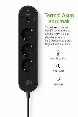 Termal Akım Korumalı 3 Priz + 3 Usb 2 Usb-a + 1 Usb-c Çoklayıcı 2500w Güvenlikli Anahtarlı Priz 2 M
