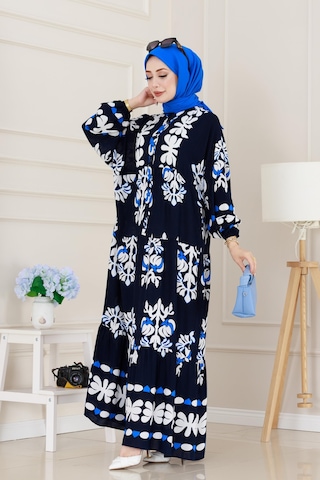 Sevitli Yarım Düğmeli Robalı Belinay Elbise-lacivert-5095