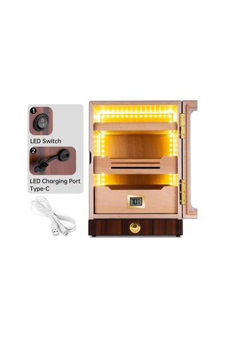 Cigarloong Camlı Işıklı Puro Kutusu Humidor Ceviz 200's