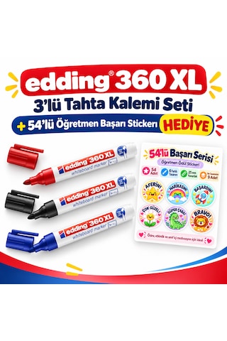 Edding 360 Xl 3'lü Tahta Kalemi Seti Siyah Mavi Kırmızı + 54'lü Başarı Stickerı Hediye Çok Renkli3