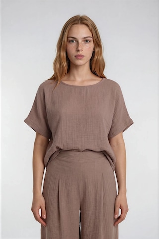 Vitrin Kısa Kol Oversize Keten Bluz CAMEL