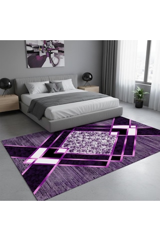 Siyah Lila Modern Geometrik Desenli Dijital Baskılı Halı Kaymaz Tabanlı, Üçgen Ve Elmas Formlu Şık mor