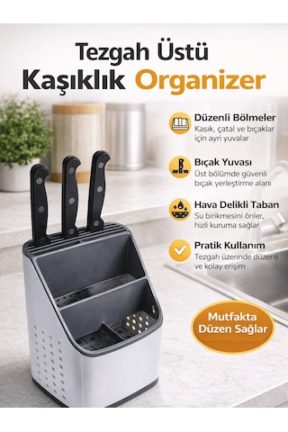 Beylini Tezgah Üstü Kaşıklık Organizer Dekoratif Kaşık Çatal Bıçak Dik Kaşıklık Mutfak Standı Düzenleyici Beyaz