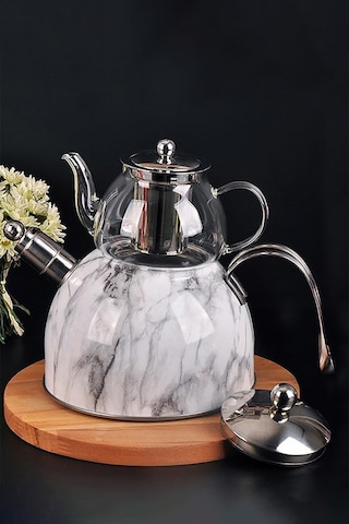 Nishev Mermer Düdüklü Çelik Cam Çaydanlık Takımı Beyaz Beyaz