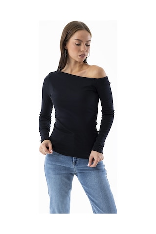 Giysa Kadın Asimetrik Yaka Uzun Kollu Basic Bluz Siyah - Ms0001283 Siyah