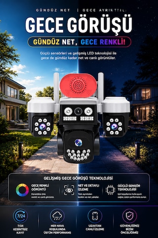 3 Kameralı Wifi Adaptörlü 12mp Hareket Algılamalı Gece Görüşlü Güvenlik Kamerası