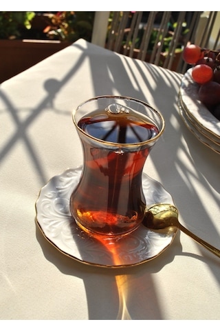 12 Parça Yaldızlı Cam Çay Takımı Porselen Çay Seti Çay Bardağı - Pera 6 Kişilik Şeffaf
