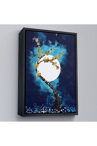 Çerçeveli Altın Çiçekli Ağaç Ve Ve Ay Kanva Tablo, Soyut Çağdaş Sanat Örneği-4971