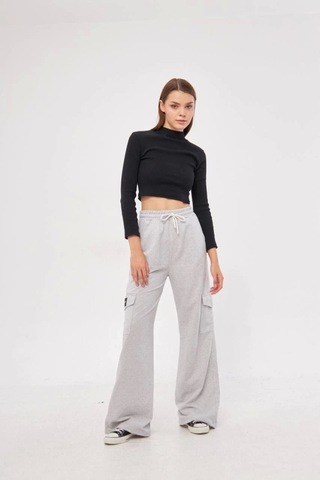 Soonaksesuar Kargo Cepli Palazzo Oversize Kesim İki Iplik Bol Paça Eşofman Altı Pantalon - Gri Gri