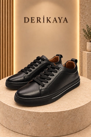 Deri Kaya Erkek Minimal Tasarım Bağcıklı Günlük Sneaker Spor Ayakkabı Siyah