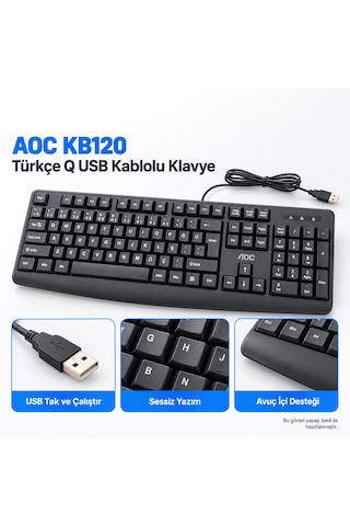 Aoc Kb120 Türkçe Q Usb Kablolu Sessiz Klavye Siyah