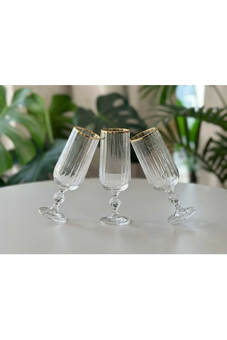 Çnr Home Collection Bohemia Kristal Optik Kadeh Seti 6 'lı Gerçek Altin Yaldiz Ağizli Şik Cam Kadeh Gold