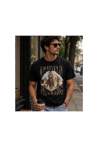 Qmen Style Unisex Basic Baskılı T-shirt Amarillo By Morning Siyah %100 Pamuk