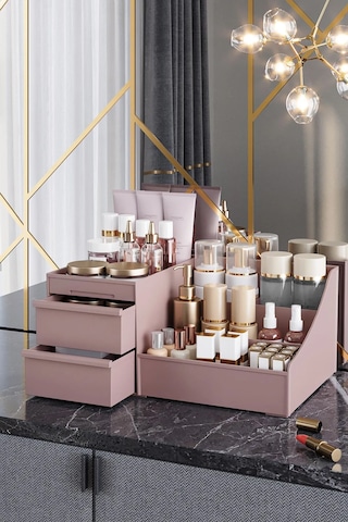 Maxi Home Elegance Makyaj Organizer Beyaz Çekmeceli Kozmetik Düzenleyici Masaüstü Parfüm Ve Takı Organizer Rose