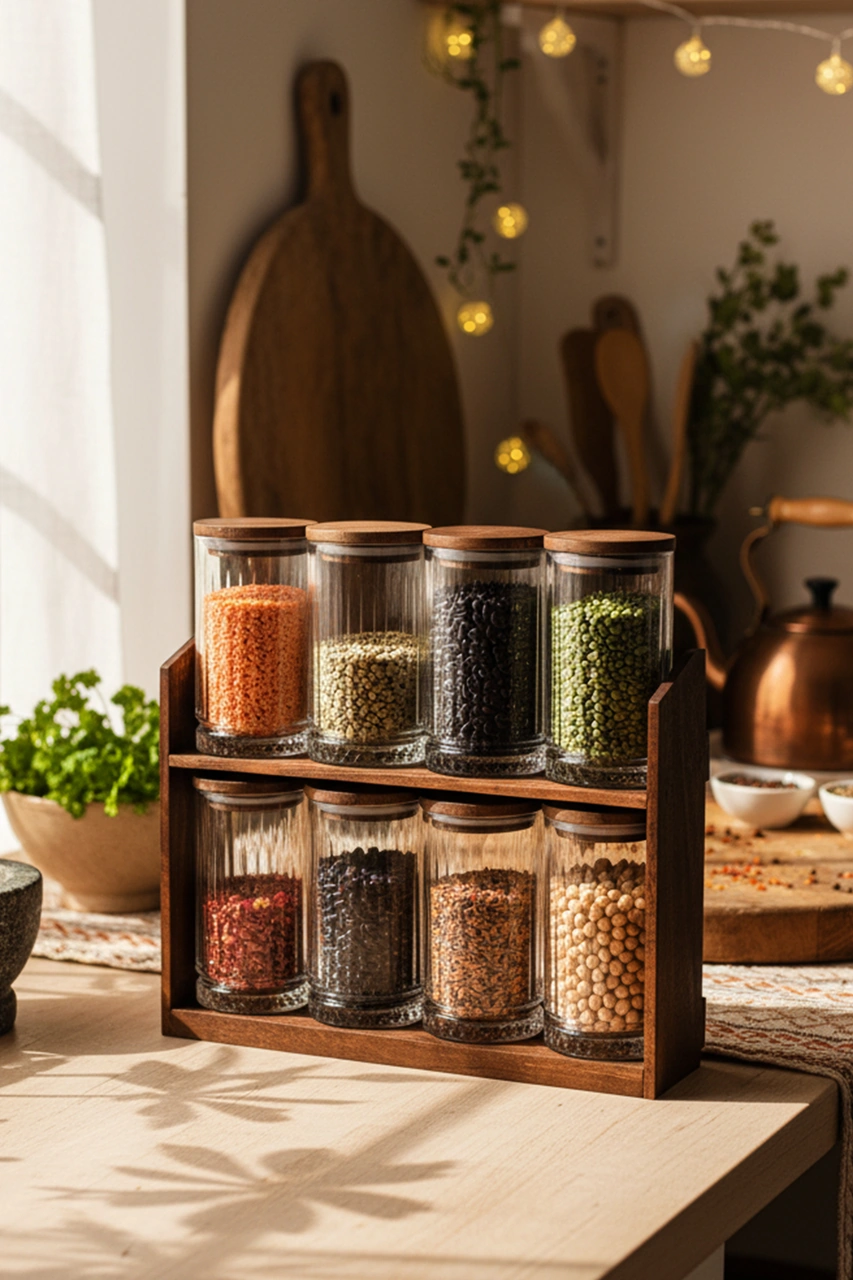 Mira Büyük - 8'li Ahşap Standlı Vakumlu Ahşap Kapaklı Cam Baharatlık Takımı Saklama Kabı Seti 445 Ml Ahşap