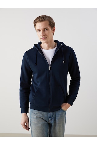 Lcwaıkıkı Basic Lacivert Kapüşonlu Uzun Kollu Erkek Fermuarlı Sweatshirt