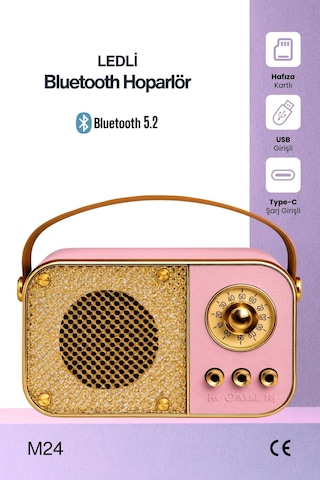 Nostaljik Bluetooth Hoparlör Bluetooth 5.2 Usb & Tf Kart Destekli Led Taşınabilir Speaker Pembe