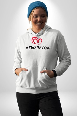 Azerbaycan Seviyorum I Love Azarbaycan Kadın Erkek Beyaz Kapüşonlu Sweatshirt Hoodie Beyaz