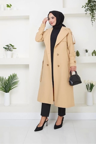 Kruvaze Yaka Bondit Kumaş Trençkot / M0106 - Camel Metalik Camel
