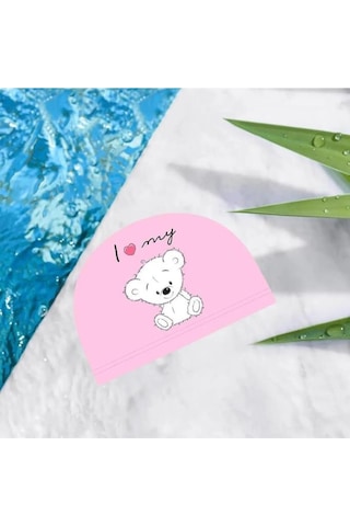 Çocuklar İçin Pembe Ayıcık Figürlü Deniz Havuz Bonesi, Likralı Bez Bone Yüzücü Deniz Bonesi, Su Spor Pembe