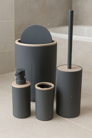 Arvale Quardi Banyo Seti Modern Çizgili - 7 Litre Kova 4 Parça Banyo Çöp Kovası Seti Gri