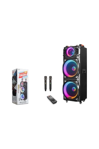 Ndr Ndr1526 Çift Karaoke Mikrofonlu Bluetooth Hoparlör Fm Radyo 100w 2x15 İnç Rgb Kumandalı Siyah