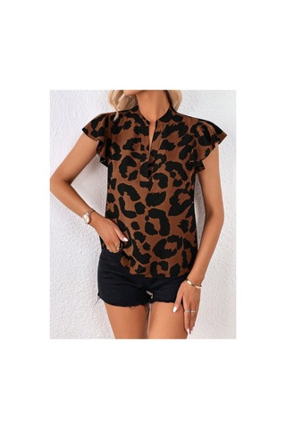 Butik İstanbul Kadın Kısa Fırfır Kollu V Yakalı Leopar Desenli Süprem Bluz Kahve