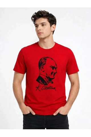 Hazego Erkek Atatürk Baskılı Tişört Kısa Kollu Bisiklet Yaka T-shirt - Kırmızı