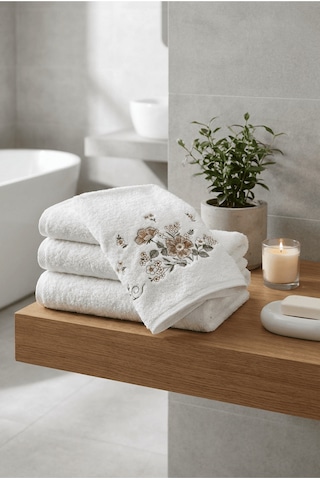 Bambu Pamuk Çiçek Nakışlı 50 X 90 Cm Nakışlı El Havlusu Açık Bej