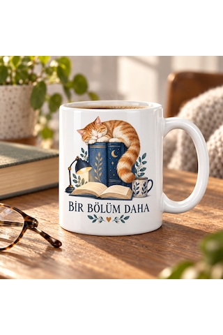 Bir Bölüm Daha Kitap Ve Uyuyan Kedi Tasarımlı Porselen Kupa - Model 259 Diğer